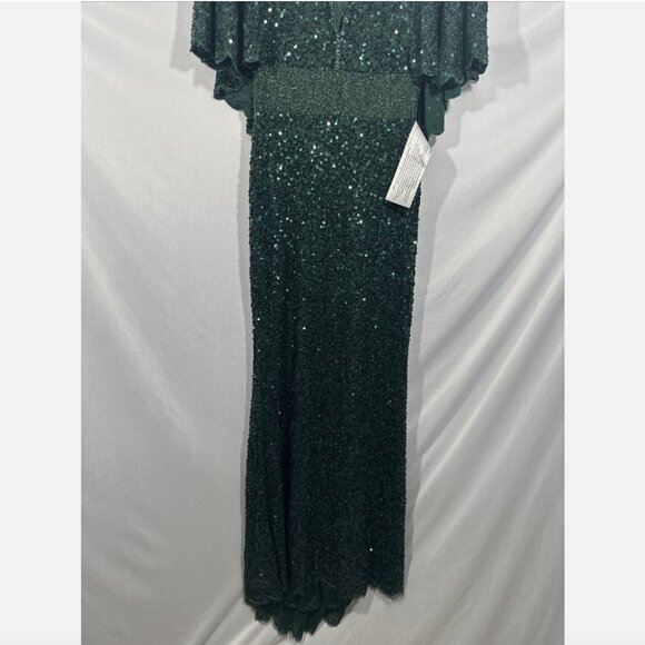 NWT $698 Mac Duggal [ 4 ] Sequined V Neck Cape Sleeve‎ Beaded Gown Green #Q745 - Picture 12 of 16